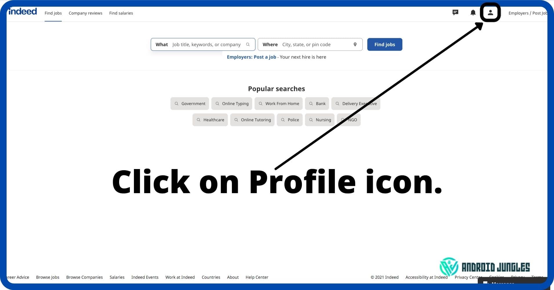 haga clic en el icono de perfil en el primer paso para saber cómo eliminar la cuenta de Indeed